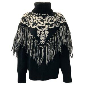 Sacai Black / White Wool Turtleneck Fringe Sweater
